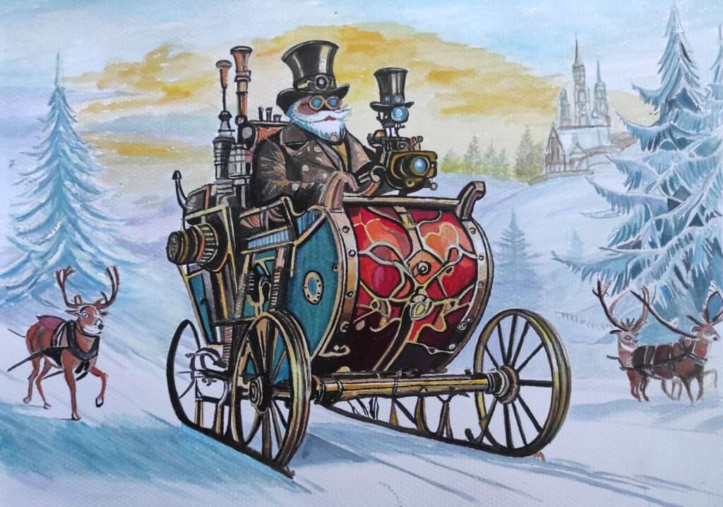 Manna Mester Marianna alkotása téli havas tájon elszabadult rénszarvasok, gépesitett szán a jövőből?