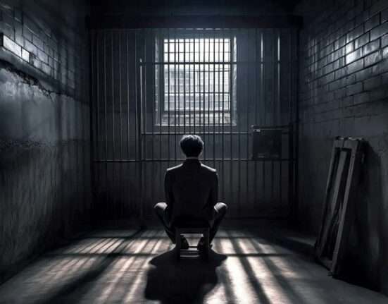 börtön egy ember a cellában, néz a rácsos ablak felé