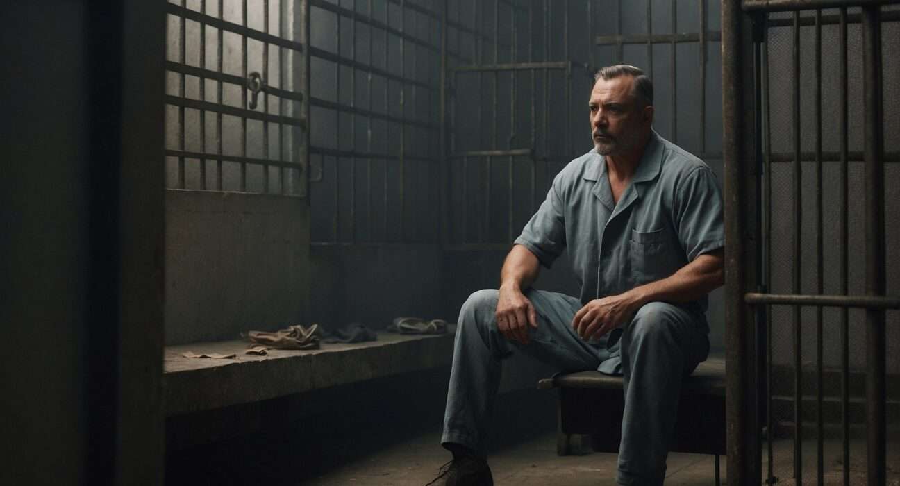 börtön, rab ül a cellában, rácsok mögött