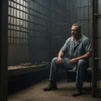 börtön, rab ül a cellában, rácsok mögött
