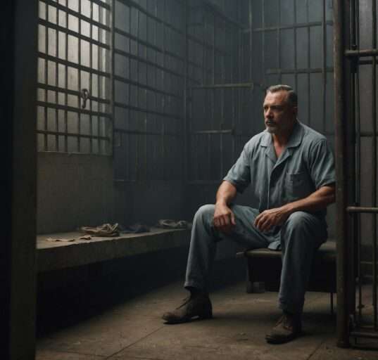 börtön, rab ül a cellában, rácsok mögött